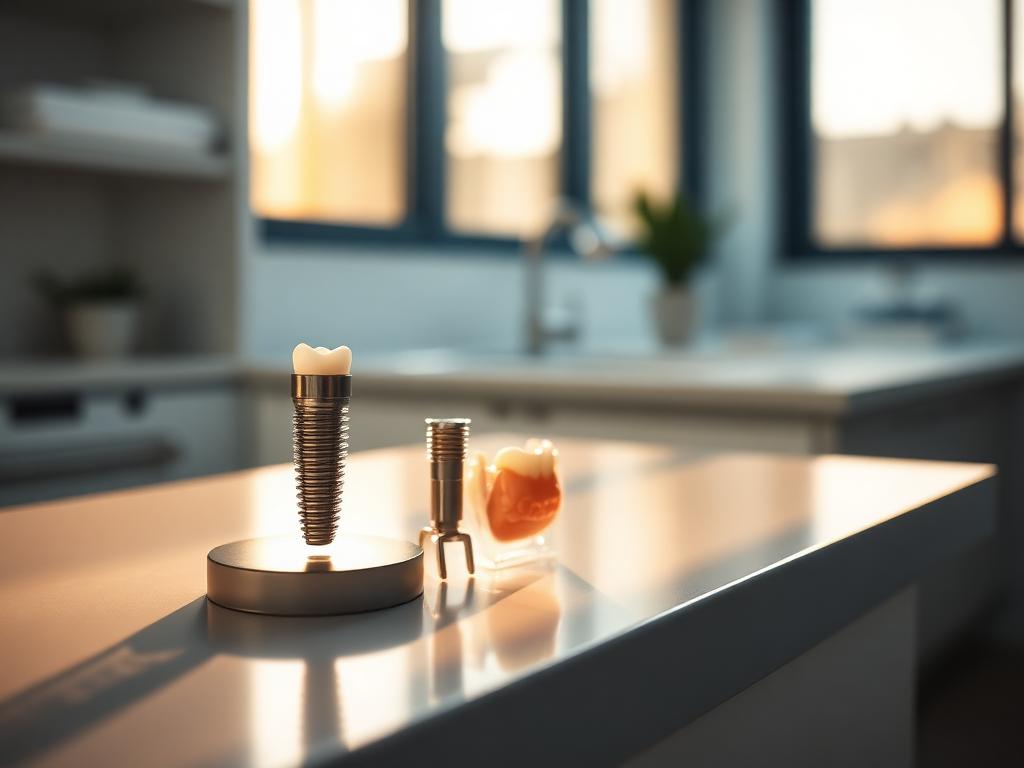 Dental implant model on a clinic counter at golden hour