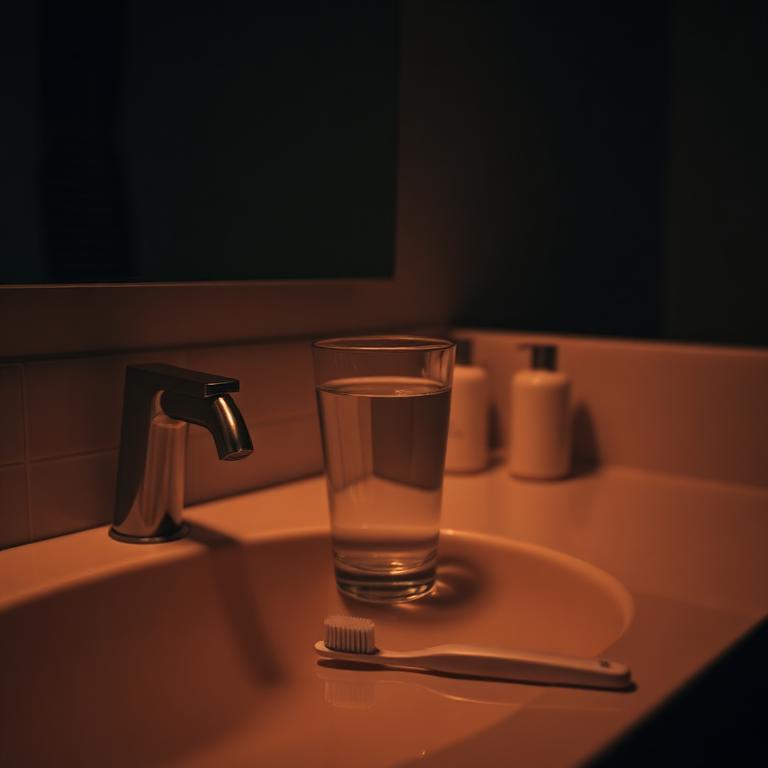 Glass of water and toothbrush on a dim bathroom counter at night