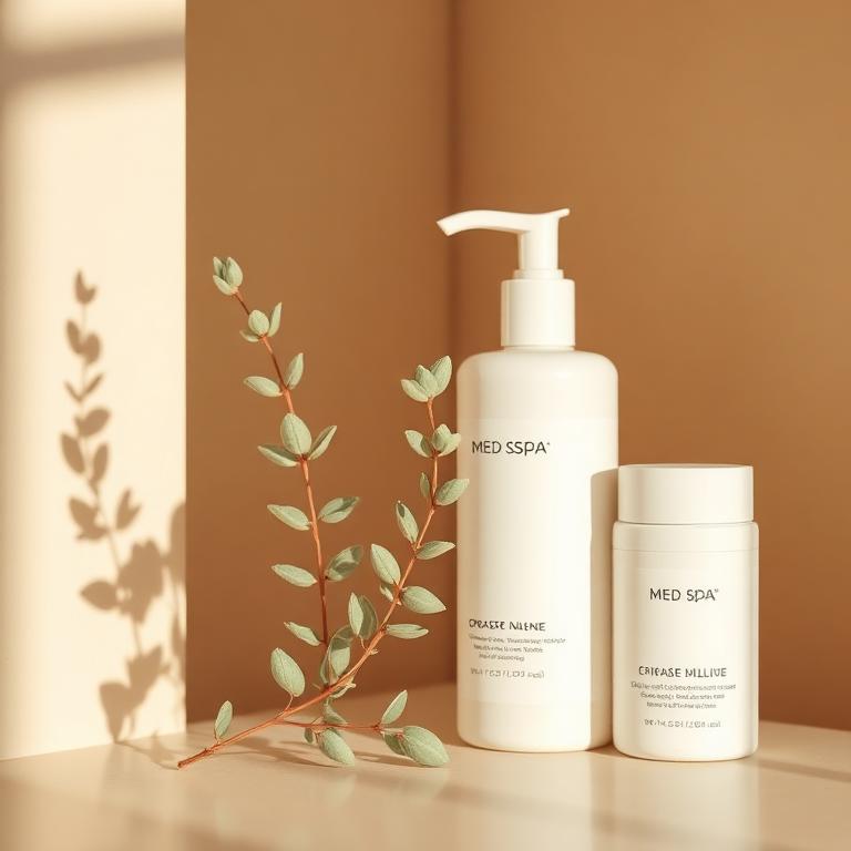 Skincare bottles and eucalyptus stem in warm daylight