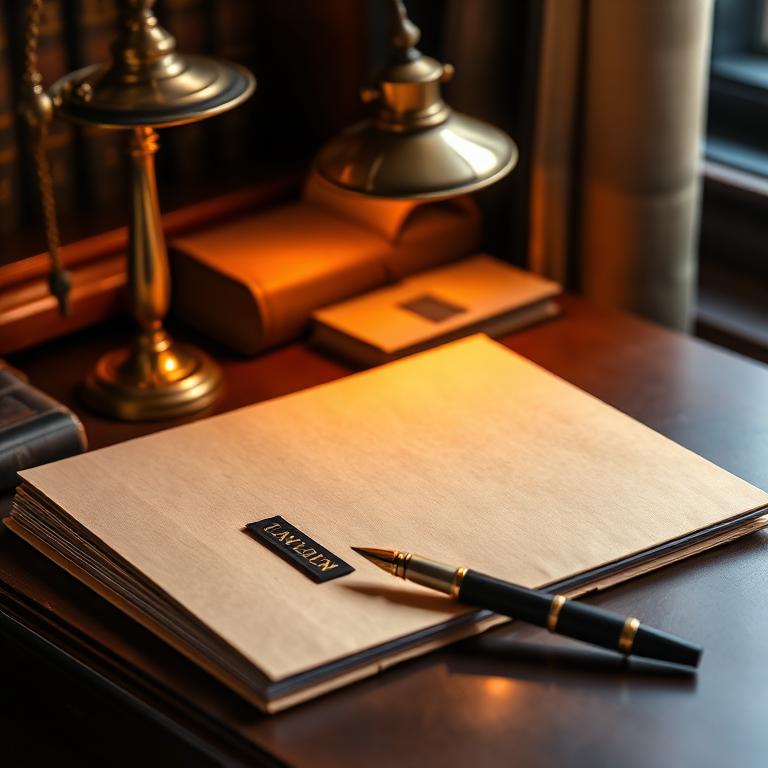 Closed manila folder, brass lamp, and fountain pen on a law office desk
