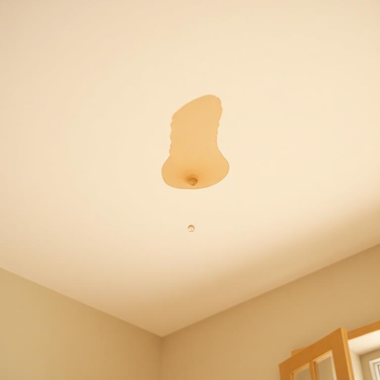 Water stain spreading on a beige ceiling corner from a roof leak