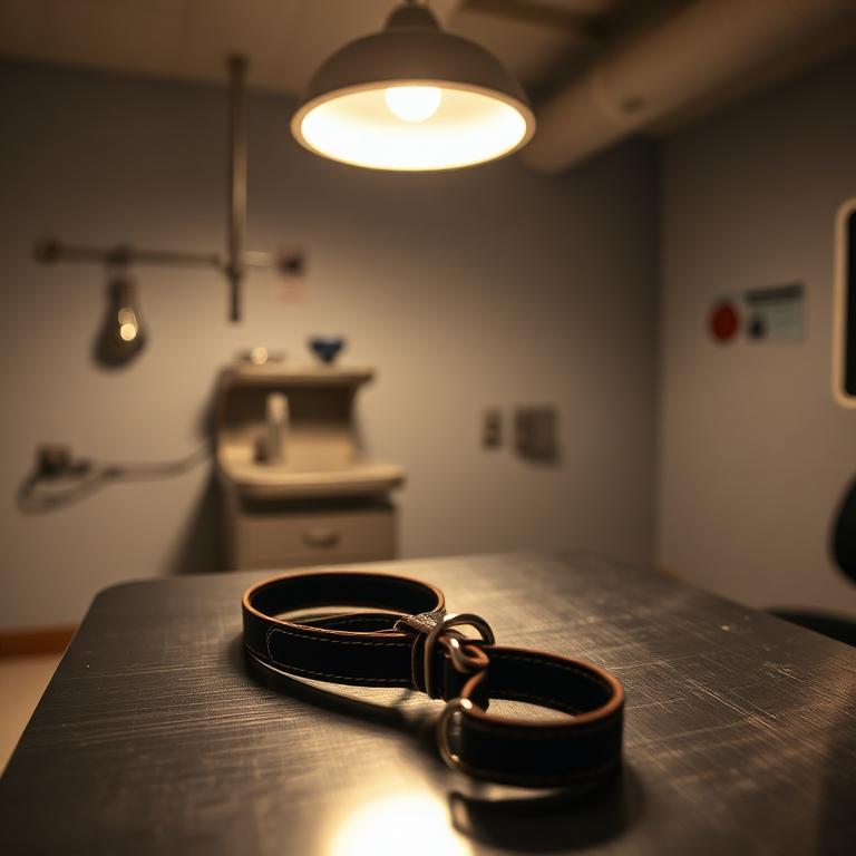 Leather collar and leash on a stainless steel vet exam table