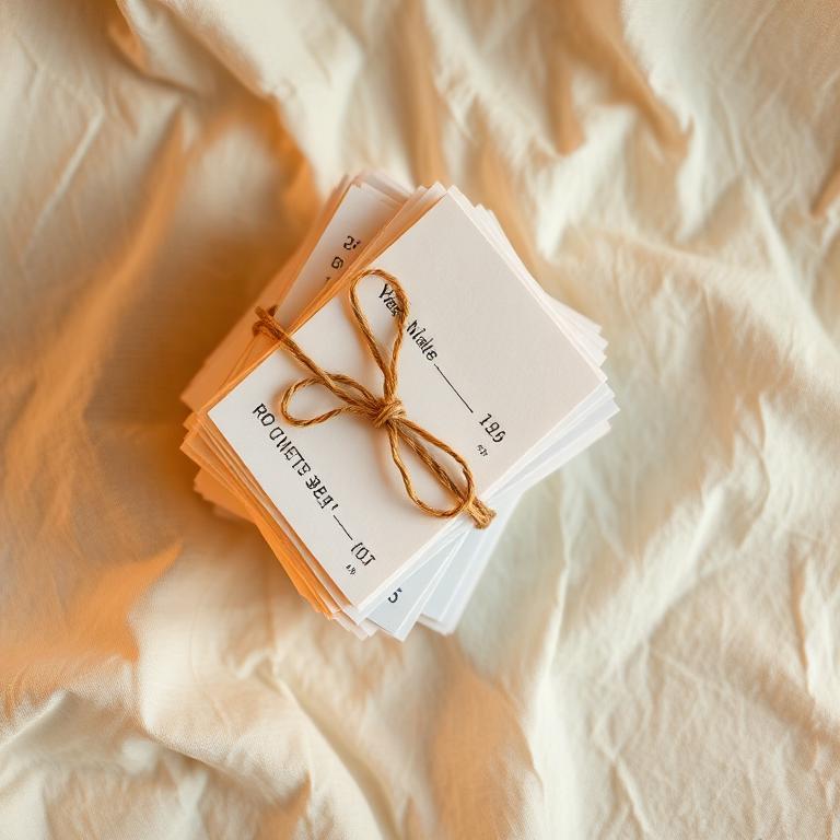 Stack of paper receipts tied with twine on cream linen