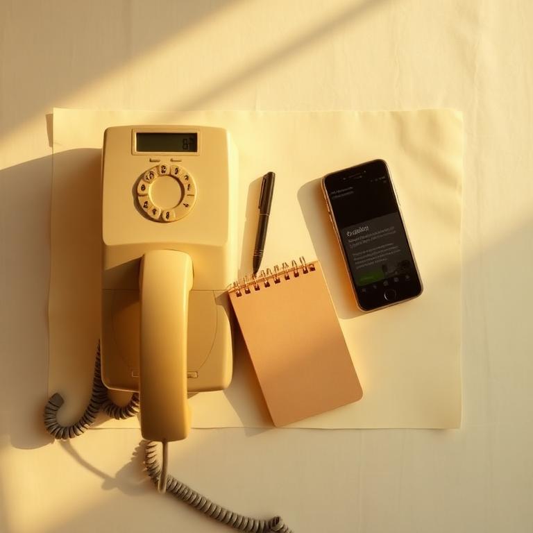 A vintage landline phone and a modern smartphone with a small notepad