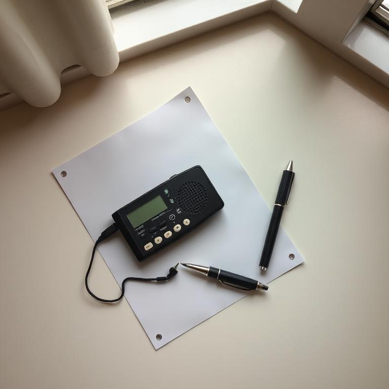 Small handheld recorder on a paper sheet beside a pen