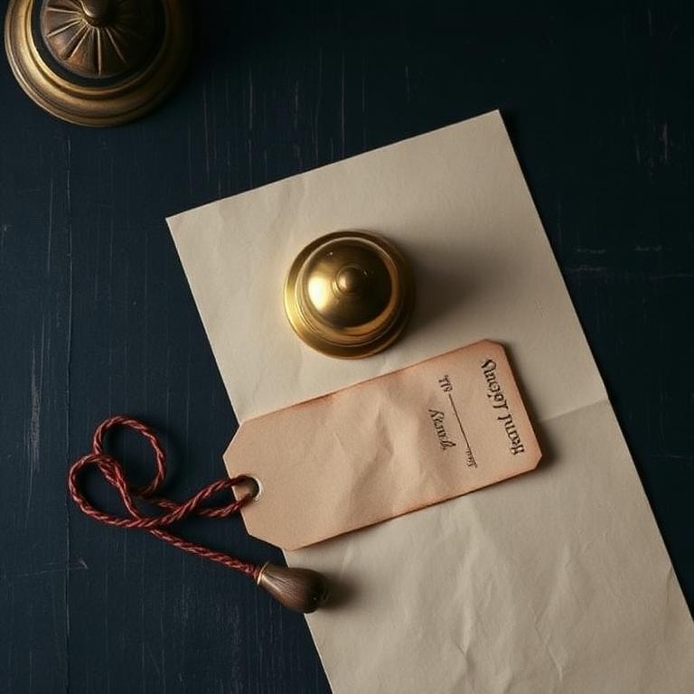 Brass bell and a paper tag on a dark desk