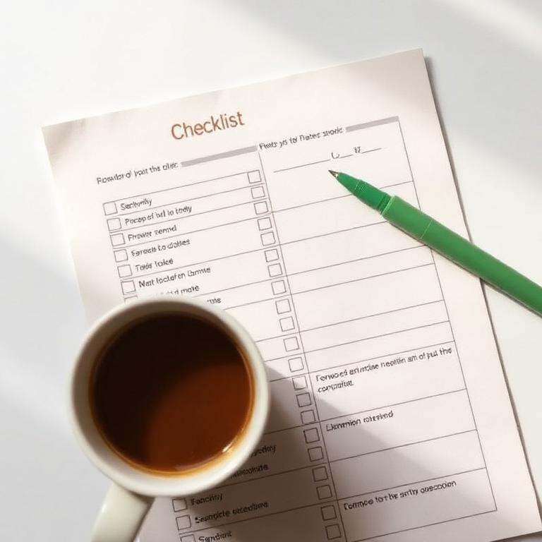 Printed checklist with a green pen and a coffee cup
