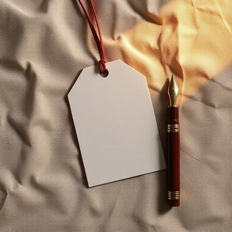 Paper tag and a fountain pen on muted fabric in warm light