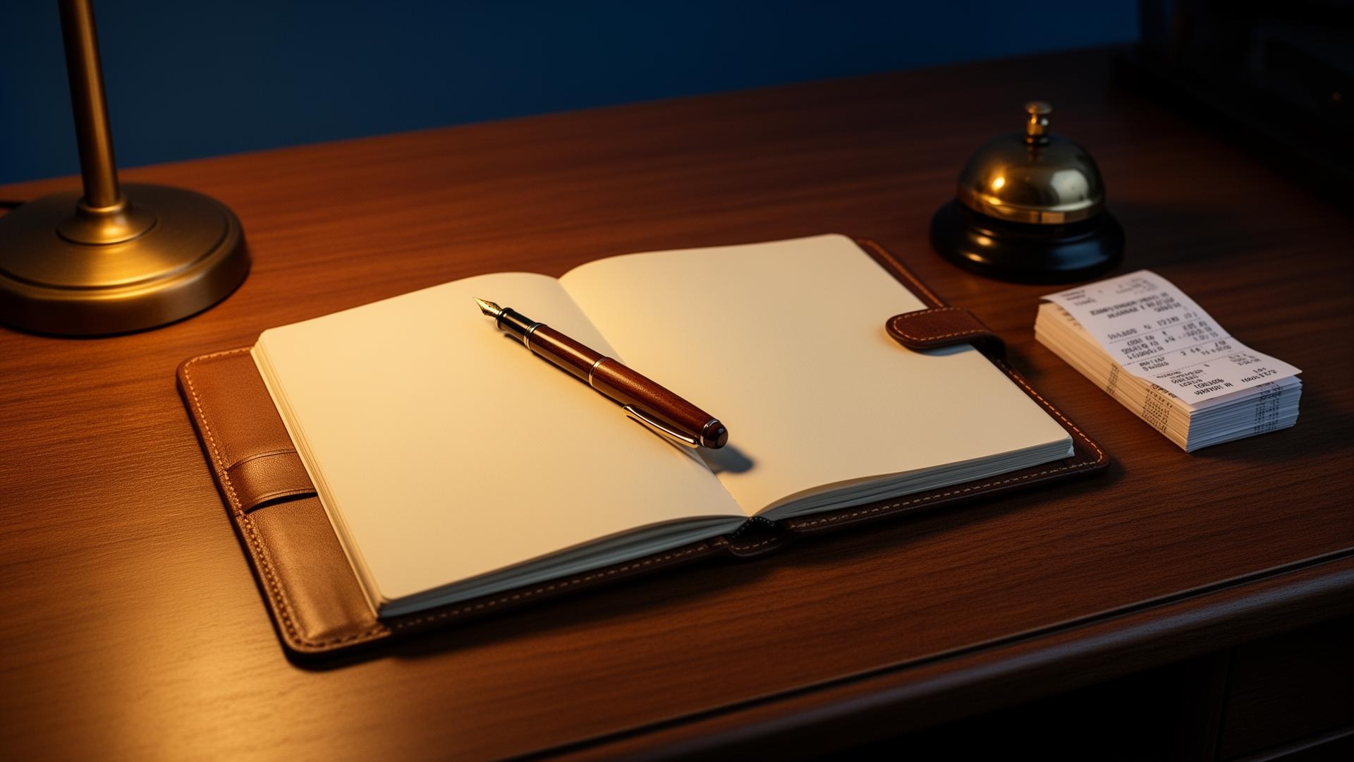 Open leather notebook with fountain pen and brass desk bell under evening lamp light
